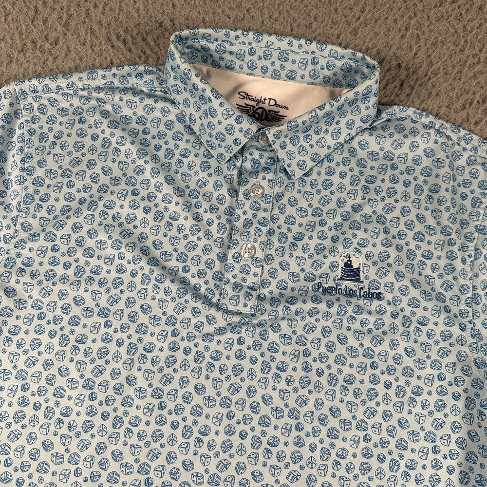 Straight Down Shirt Mens Medium Blue White Dice All Over Print Polo Performance